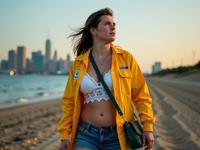 a slight middle aged man as a farmer with mullet hair Wearing a protective biohazard suit ,dressed in yellow lace up top,white lace bralette,blue denim shorts
