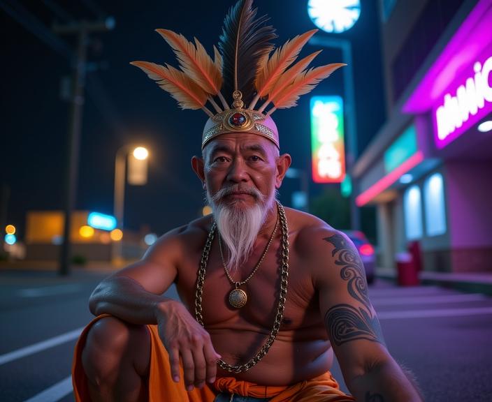 a big boned old man as a samurai with hime cut hair sporting a feathered headdress ,dressed in beige bikini top,gold chain necklace,industrial setting