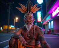 a big boned old man as a samurai with hime cut hair sporting a feathered headdress ,dressed in beige bikini top,gold chain necklace,industrial setting