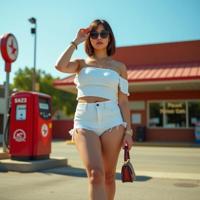 portrait photography of a big boned woman as a time weaver with lob haircut Zoomed out shot emphasizing mm long slender legs ,dressed in white off shoulder top,white bikini bottom,gold necklace