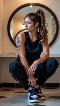 fashion photography,of a muscular young woman as a nurse with ponytail hair Wearing urban fashion,blending street style with graphic tees and chunky sneakers ,dressed in black tank top