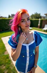 fashion photography,of a woman as a crystal seer with multicolored rainbow hair wearing full tweed set ,dressed in blue dress,white trim