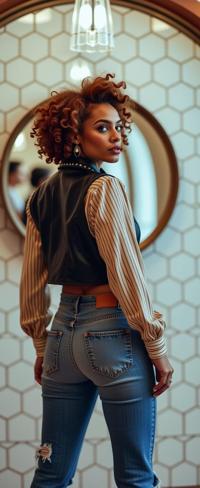 fashion photography,of a woman as a clown with pin curls hair In leather,symbolizing toughness with studs or zippers ,dressed in cream crop top