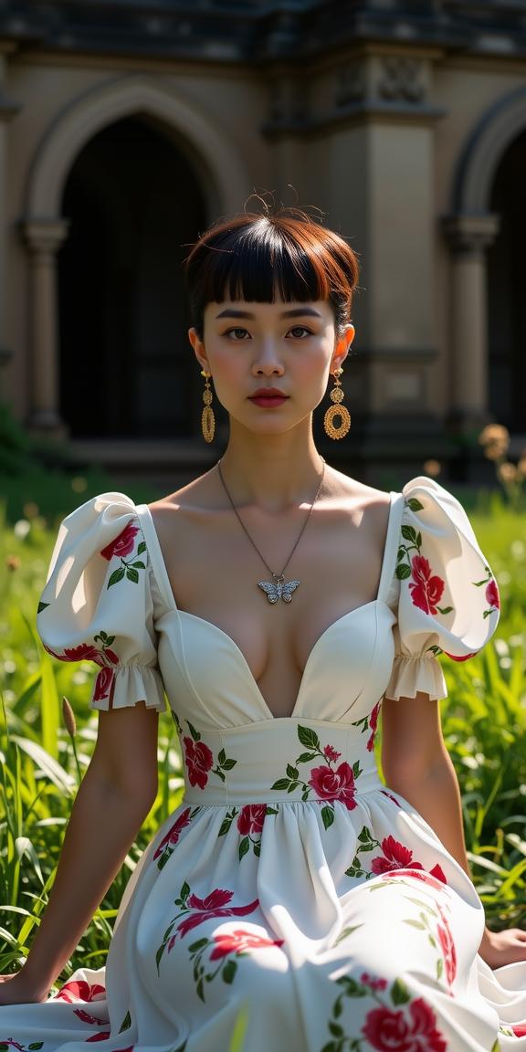 fashion photography,of a woman as a time weaver with quiff haircut A gelatinous,glowing alien creature both feared and intriguing ,dressed in white floral dress