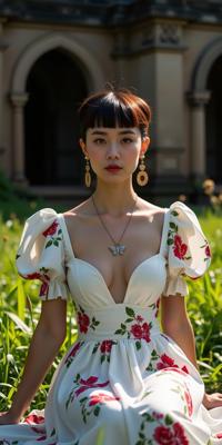 fashion photography,of a woman as a time weaver with quiff haircut A gelatinous,glowing alien creature both feared and intriguing ,dressed in white floral dress