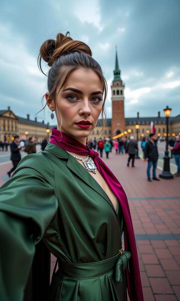 fashion photography,of a woman as an evil magician with man bun wearing a scarf ,dressed in metallic green dress,crystal choker necklace