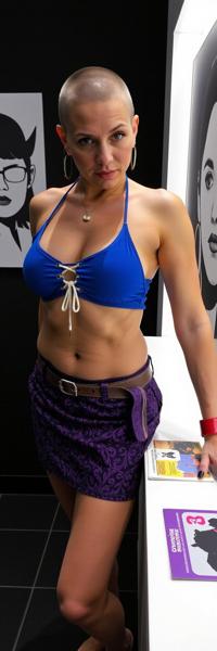 fashion photography,of a woman as a soldier with shaved hair wearing preppy clothes ,dressed in Blue purple bikini top,white lace up detail
