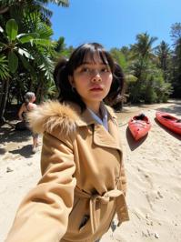 fashion photography,of a woman as a nerd with pigtails wearing retro s clothes ,dressed in fur lined hood,beige coat
