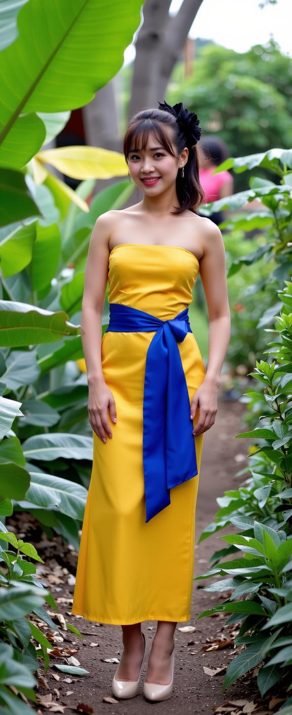 fashion photography,of a woman as a bartender with ponytail as a gelatinous horror dripping alien creature ,dressed in strapless yellow dress,blue waist sash