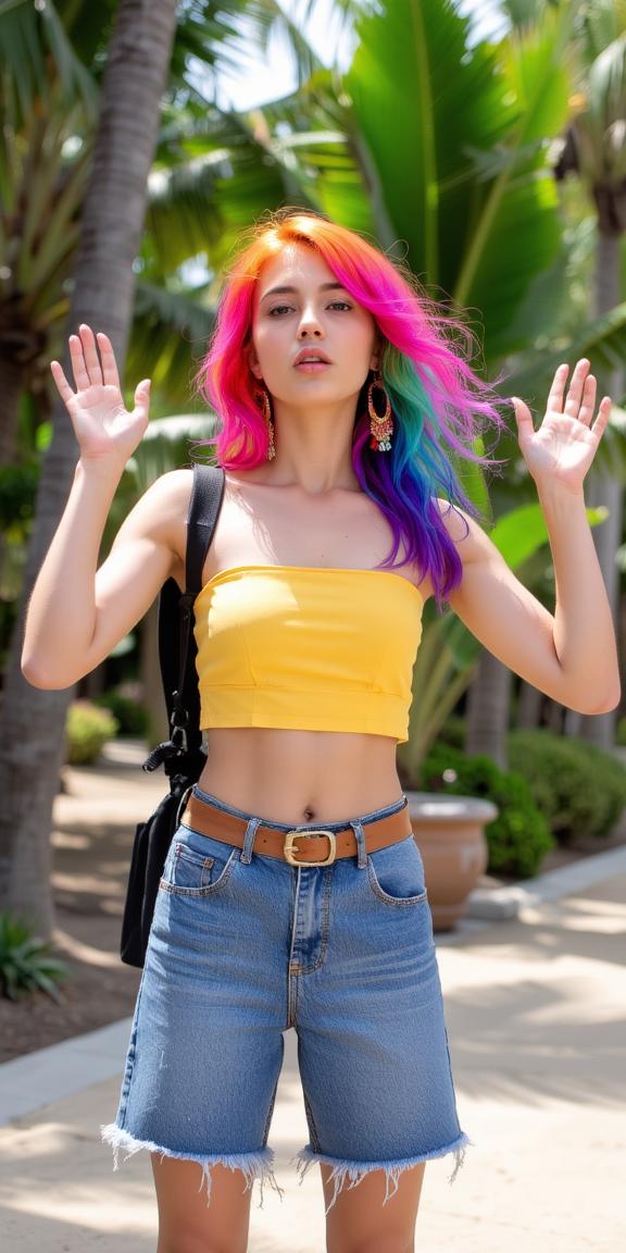 fashion photography,of a woman as a stellar cartographer with multicolored rainbow hair wearing sportswear clothes ,dressed in yellow crop top,blue denim shorts