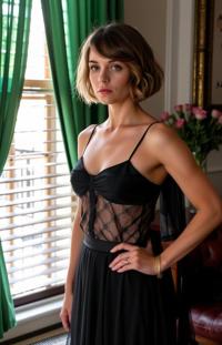 fashion photography,of a woman as a griffin rider with curly bob haircut wearing glamorous clothes ,dressed in black tank top,sheer fabric