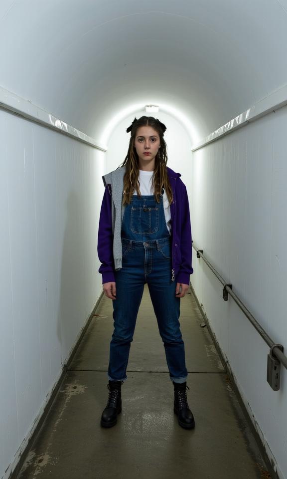 fashion photography,of a woman as a death metal front figure with dreadlocks wearing studded ankle boots ,dressed in grey cardigan,white shirt