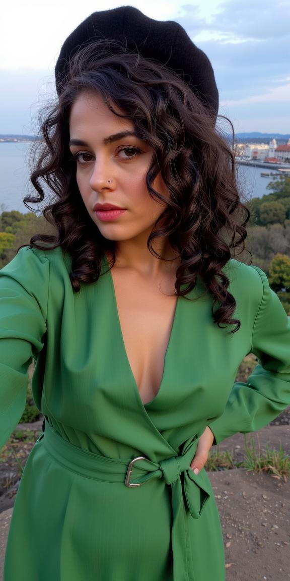 fashion photography,of a woman as a star navigator with very curly hair donning a beret ,dressed in green dress,deep neckline