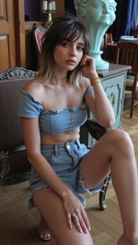 fashion photography,of a woman as a celestial musician with messy hair A gelatinous,glowing alien creature both feared and intriguing ,dressed in denim tube top
