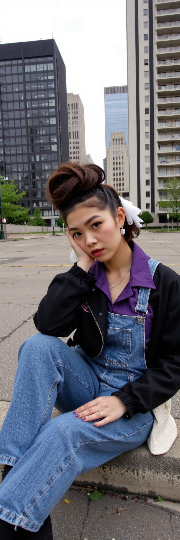 fashion photography,of a woman dressed as a king with twisted updo wearing retro s clothes ,dressed in black jacket,purple shirt