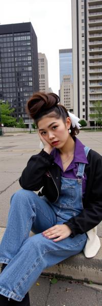 fashion photography,of a woman dressed as a king with twisted updo wearing retro s clothes ,dressed in black jacket,purple shirt