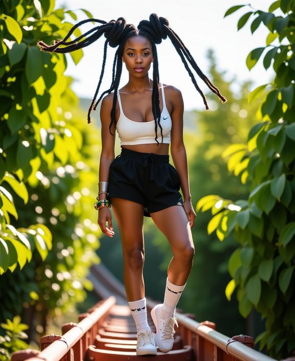 fashion photography,of a woman as a priest with bantu knots adorned with upper arm bracelets ,dressed in white sports bra,black shorts