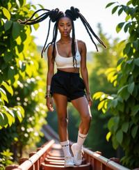 fashion photography,of a woman as a priest with bantu knots adorned with upper arm bracelets ,dressed in white sports bra,black shorts