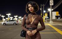 fashion photography,of a woman as a virtual voodoo priest with curly bob haircut as a gelatinous horror dripping alien creature ,dressed in geometric pattern bodysuit,brown and black colors