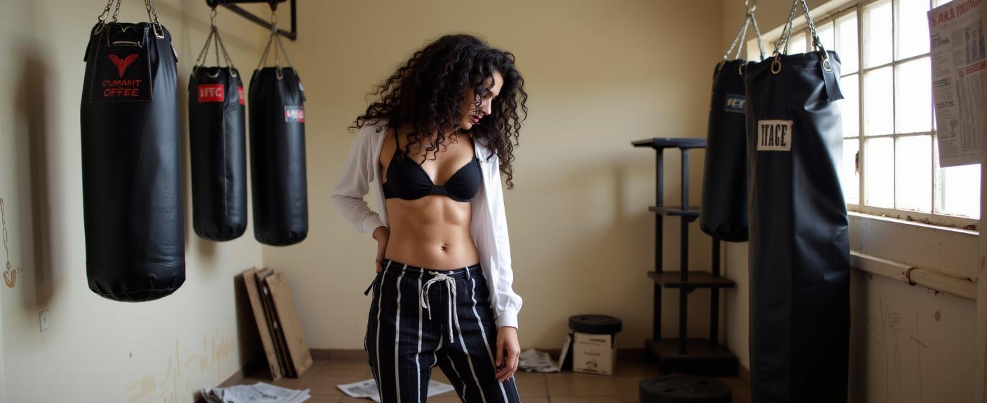 fashion photography,of a woman as a black market biomod broker with very curly hair wearing grunge clothes ,dressed in black bikini top,striped pants
