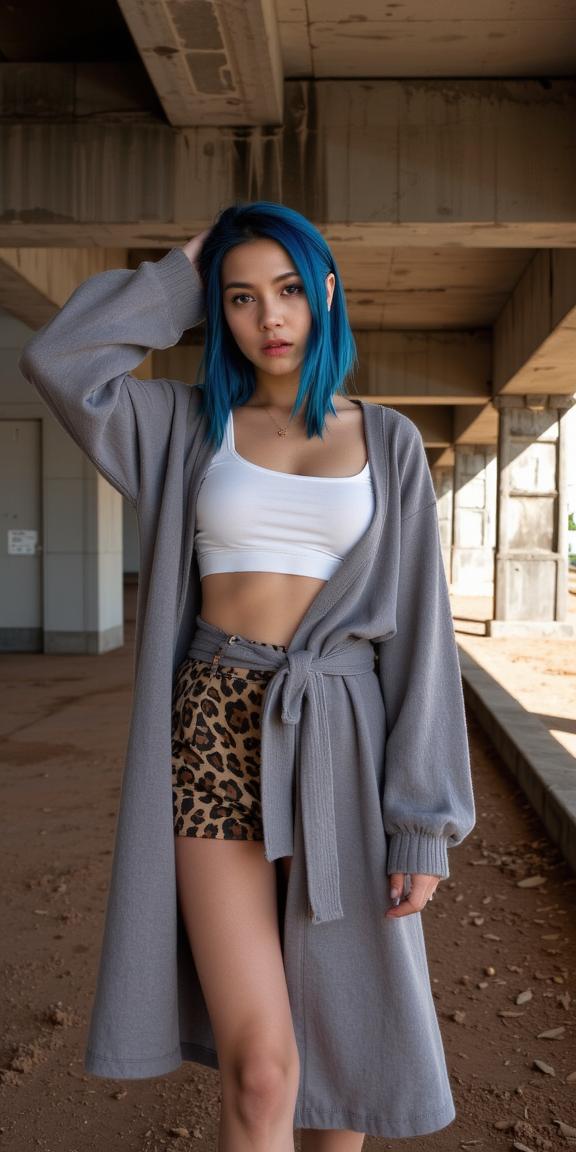 fashion photography,of a woman as a celestial musician with slicked back hair wearing robes ,dressed in gray cardigan,white crop top
