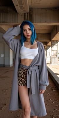 fashion photography,of a woman as a celestial musician with slicked back hair wearing robes ,dressed in gray cardigan,white crop top