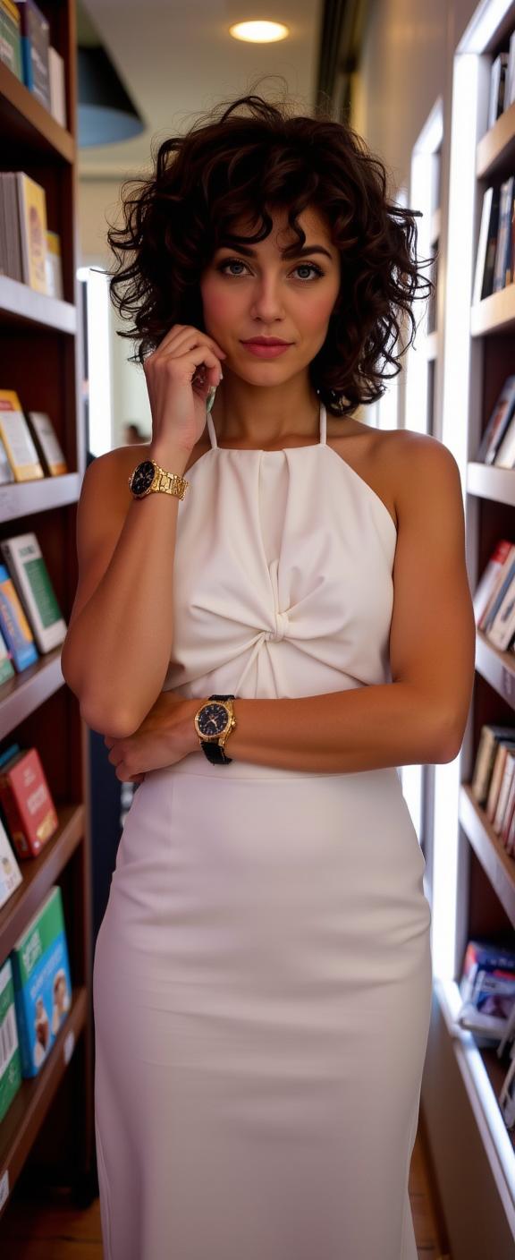 fashion photography,of a woman as a terminal trickster with curl hair sporting a watch,a timeless accessory that blends functionality with style,either minimalist or grand