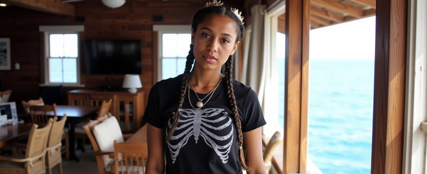 fashion photography,of a woman as a chrome chaser with crown braid wearing a necklace ,dressed in black t shirt,rib cage print