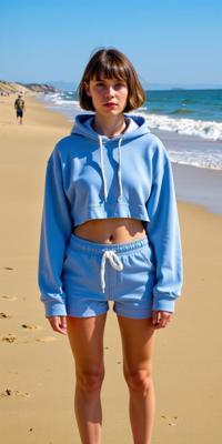 fashion photography,of a woman as a time travel historian with cropped cut haircut Full body focus on remarkable mm slender legs ,dressed in light blue hoodie,matching shorts