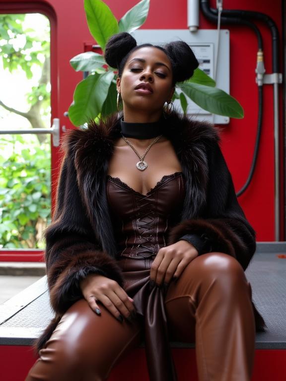 fashion photography,of a woman as a black metal artist with bantu knots wearing clothes made entirely of fur ,dressed in brown corset top,brown leather pants