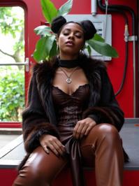 fashion photography,of a woman as a black metal artist with bantu knots wearing clothes made entirely of fur ,dressed in brown corset top,brown leather pants