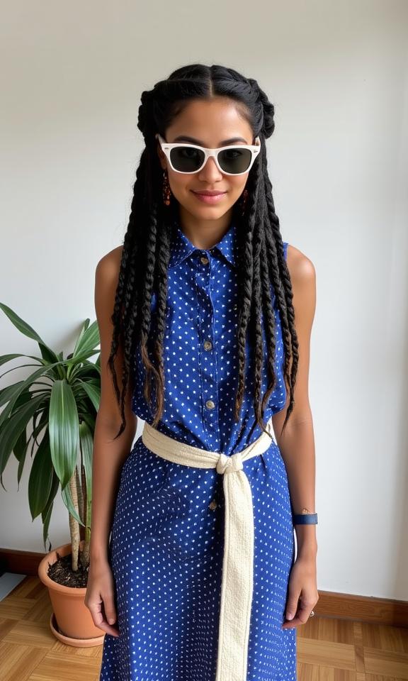 fashion photography,of a woman as a egyptian god with braids Intense expression on a stunning face,showing raw emotion ,dressed in blue polka dot dress