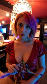 fashion photography,of a woman as a dreamcatcher crafter with multicolored rainbow hair In glamorous attire,shiny or sequined,perfect for red carpet events