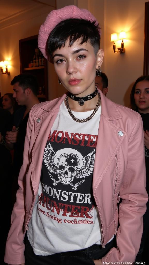 fashion photography,of a woman as a monster hunter with shaved hair Wearing punk fashion,with studded accessories and band tees ,dressed in pink beret