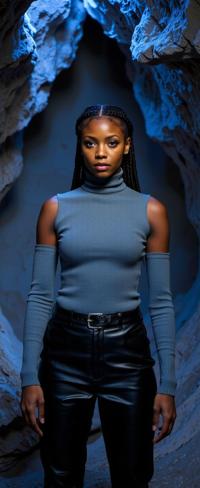 fashion photography,of a woman as a azathoth astronomer with cornrows hair wearing clothes made entirely of leather ,dressed in grey turtleneck,sleeveless