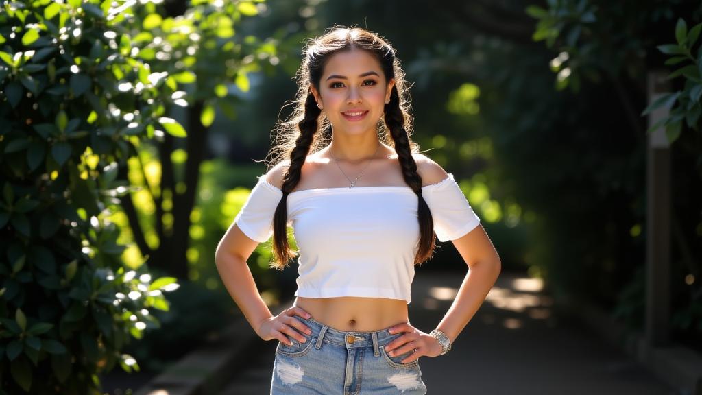 fashion photography,of a woman as a dragon tamer with pigtails Intense solo performance with a powerful voice ,dressed in white crop top,light blue ripped jeans