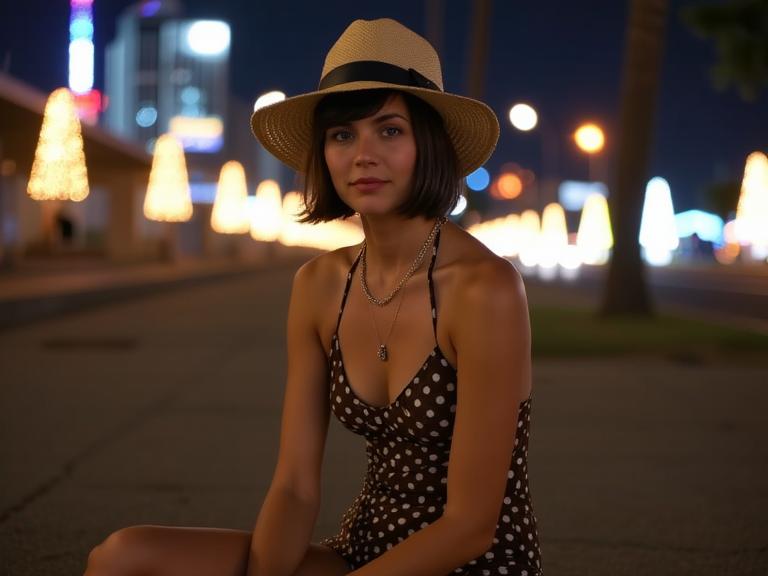 fashion photography,of a woman as a cultist recruiter with wedge cut haircut Intense solo performance with a powerful voice ,dressed in brown polka dot swimsuit,wide brimmed straw hat