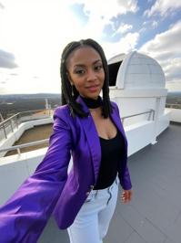 fashion photography,of a woman as an alien being with box braids a purple iridescent suit,dressed in black bodysuit,sheer texture