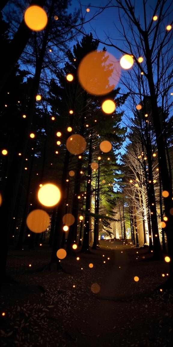 stylized by Vik Muniz , photograph, elegant, wide shot of a The dance of fireflies