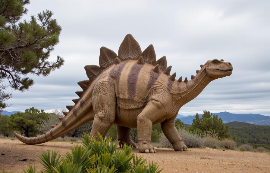 designed by Koloman Moser and Cindy Sherman and Dorothea Lange , photograph, stylized, wide angle of a Stegosaurus