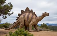 designed by Koloman Moser and Cindy Sherman and Dorothea Lange , photograph, stylized, wide angle of a Stegosaurus
