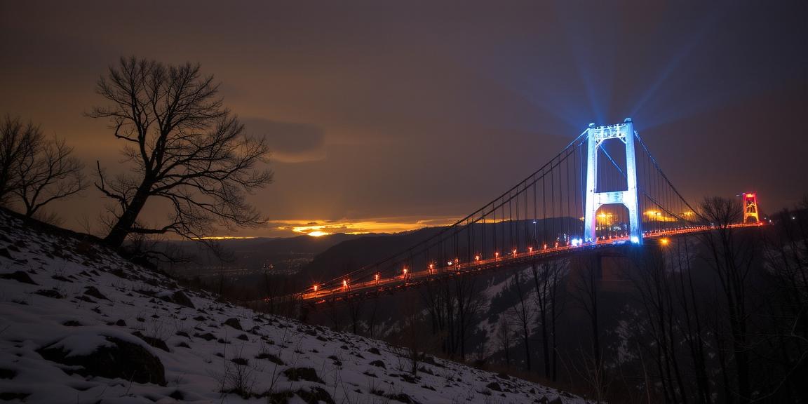 photograph, best quality, landscape of a Smiling Thundering Ghulash Bog and Bioluminescent Belarusian Suspension bridge, warm background