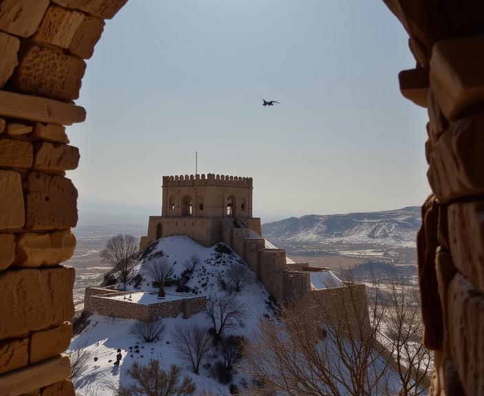 photograph, Chic lake with Elm, stylized, landscape of a Adamant Bastion from inside of a Tower
