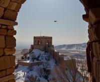 photograph, Chic lake with Elm, stylized, landscape of a Adamant Bastion from inside of a Tower