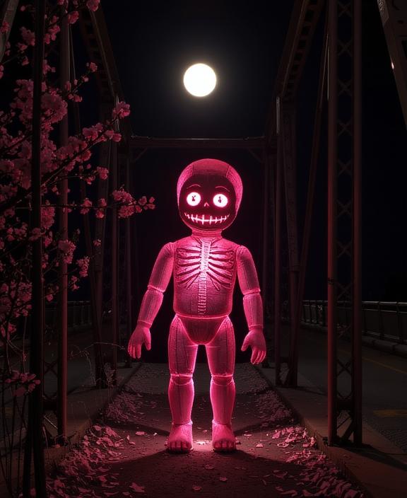 photograph, intricate details, medium shot of a Cartoony Illuminated Burlesque Voodoo doll , it is engraved with Frail and cherry blossom pink details