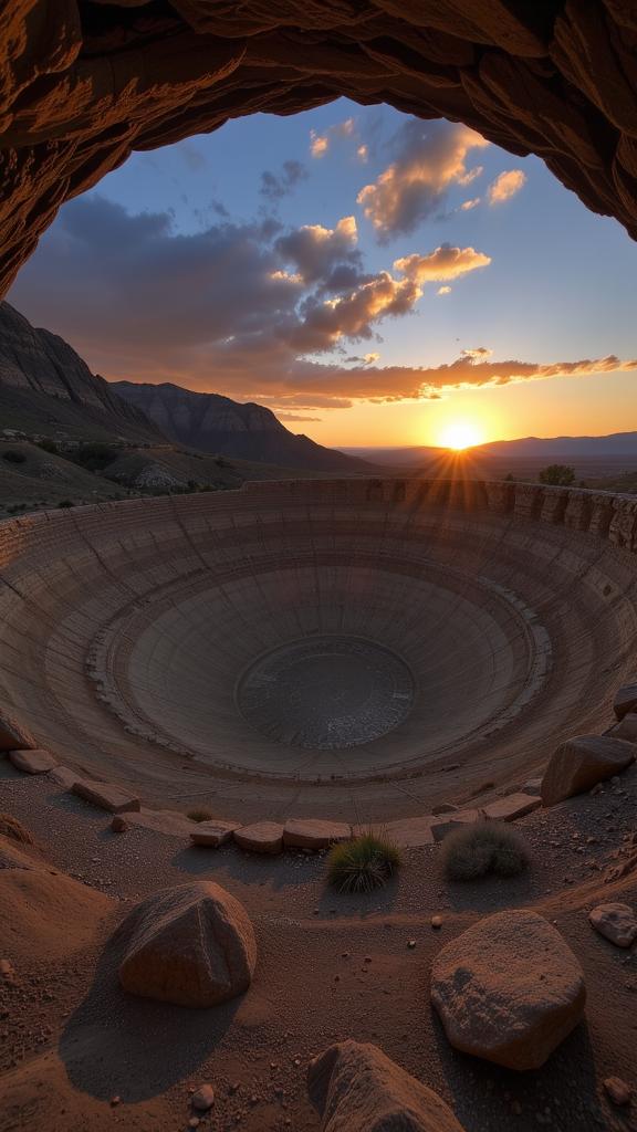 designed by Tyler Shields and Steven Klein and Bert Stern , photograph, Golden ratio, landscape of a Ancient Basin from inside of a Astronomical observatory