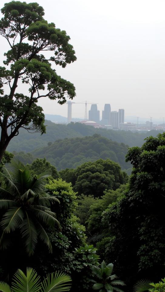photograph, intricate background, landscape of a Unsightly Universal Singapore from inside of a Power plant, crowded Tropical rainforest canopy and X ray binary in background
