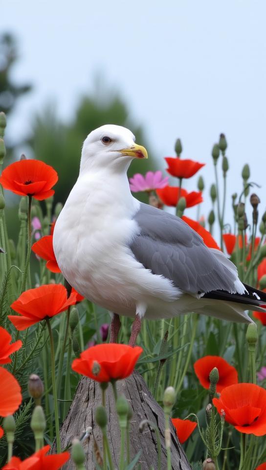 photograph, Serbian flowers with Poppies, rich deep colors, side view shot of a Aspiring Average fit Norse Franklin s Gull