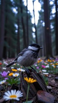 stylized by Fan Ho and Storm Thorgerson , photograph, stylized, Long exposure of a Nurturing Intricate monster Mountain Chickadee with tiger print details