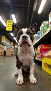 photograph, award winning, low angle shot of a Boston Terrier Puppy , it is very Profound and Dramatic